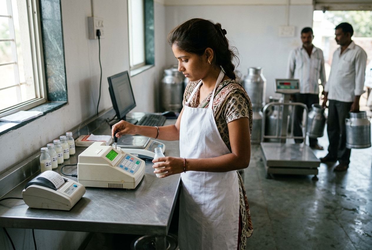 A technician testing a milk sample on an electronic milk analyser at the collection centre