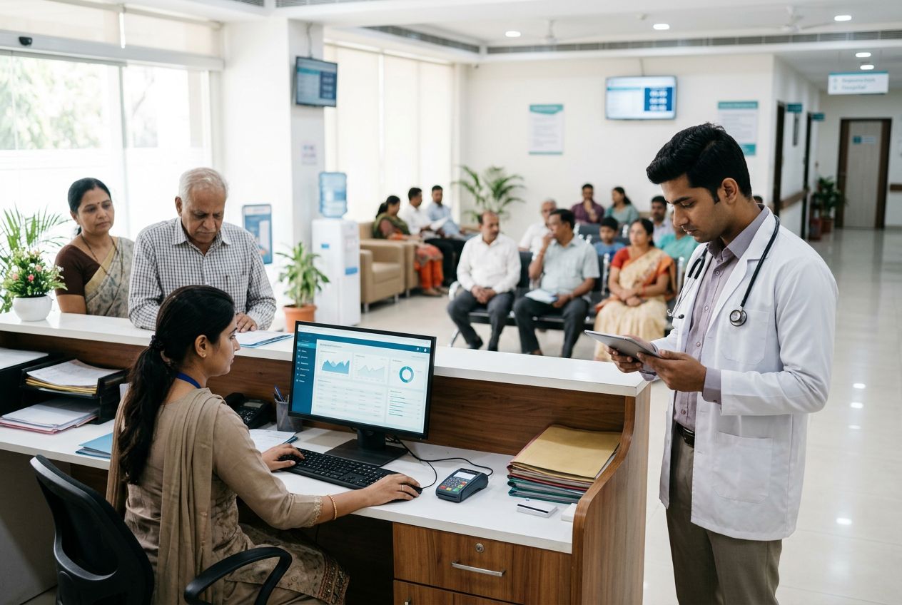Hospital OPD reception with a receptionist registering a patient
