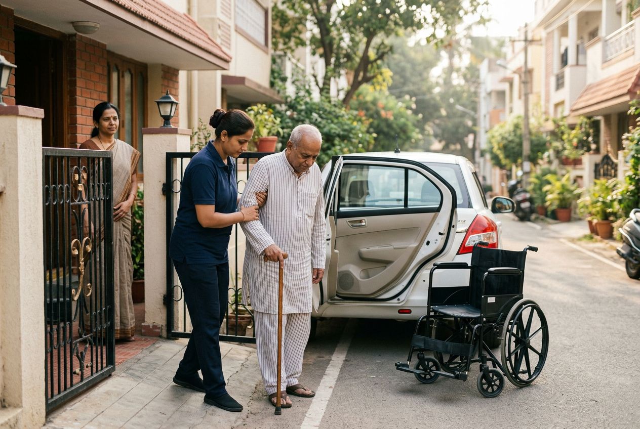 A care assistant helping an elderly man from his home to a car