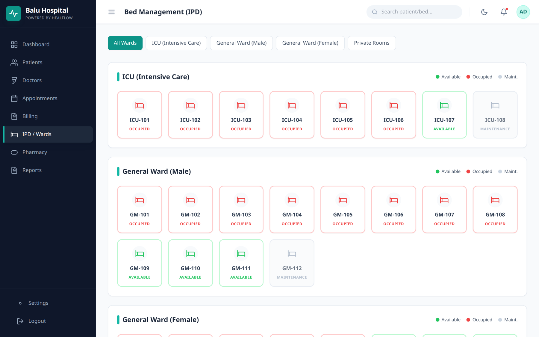 Hospital management design mockup: bed management screen with sample data